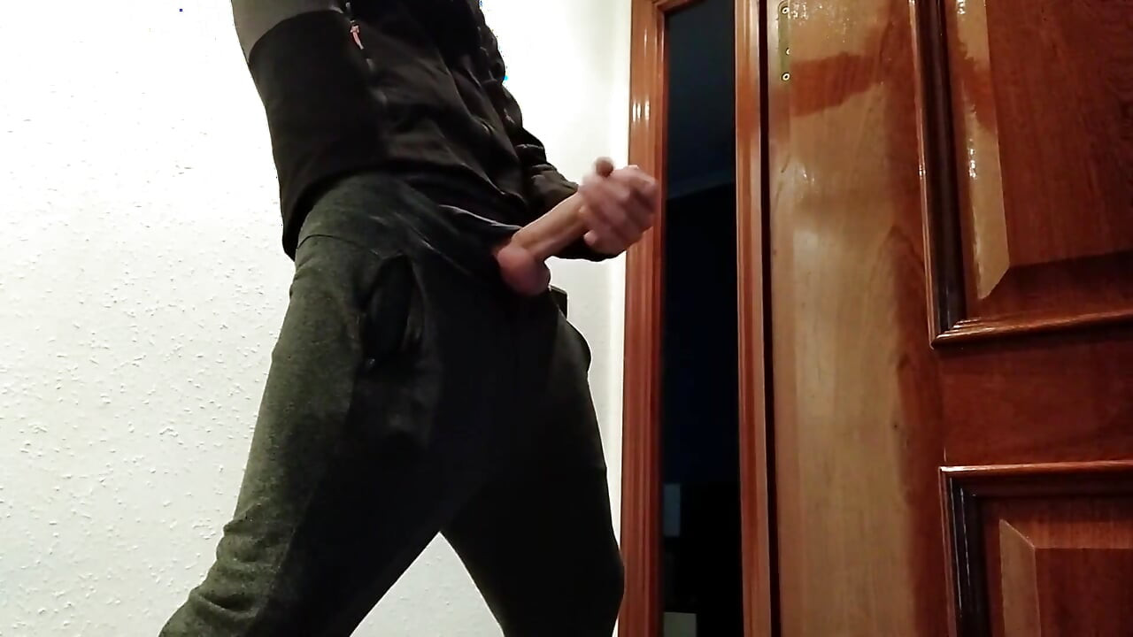Handjob From Hot Amateur Guy with Big Cock, Shoots at the Door