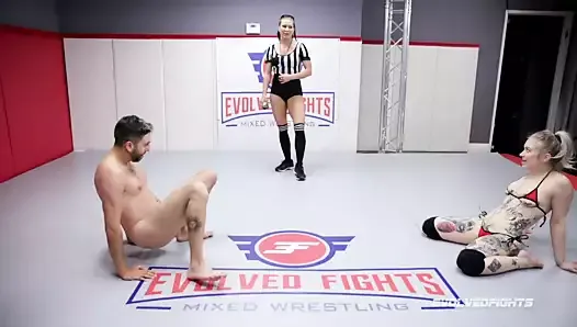 Kaiia Eve mixed nude wrestling battle putting on her strapon