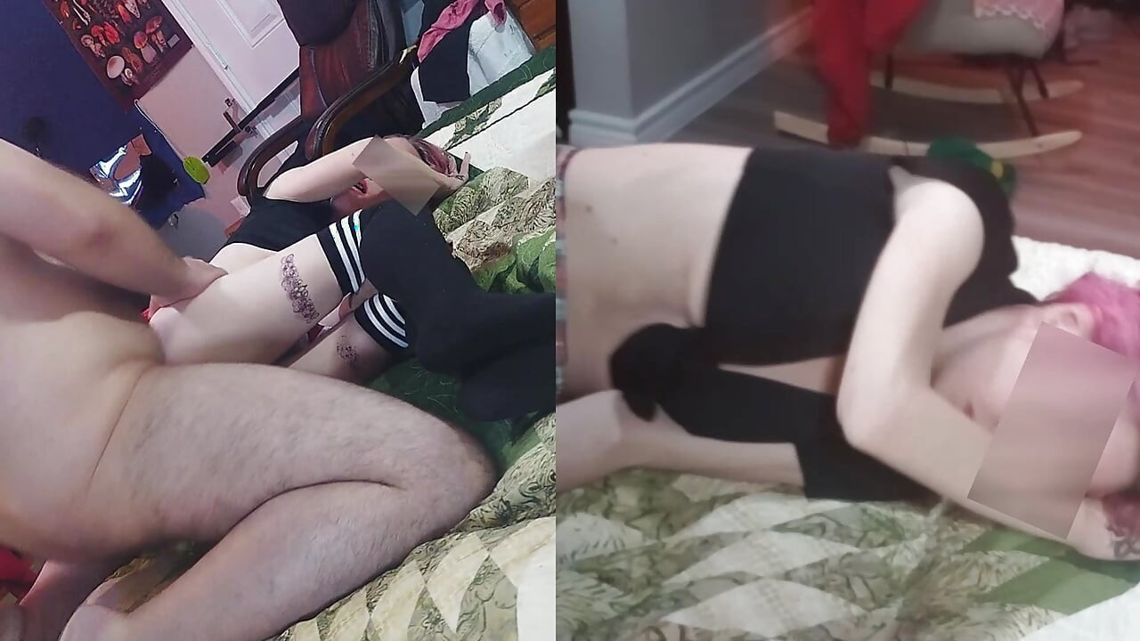 Petite white schoolgirl with braces & pink hair wearing a mini skirt gets fucked and given a facial while she smiles