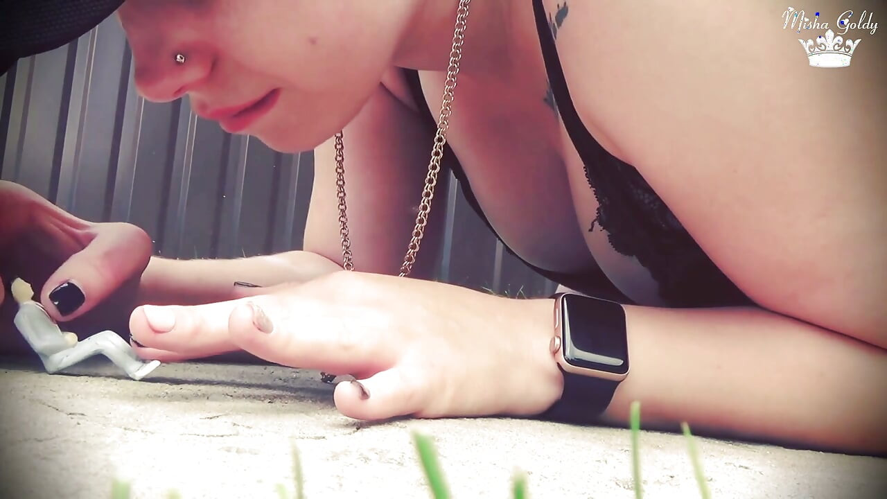 Misha Destroys a Tiny Man Toy by Her Ass, Between Huge Tits, in Mouth, Under Flip Flops and Feet