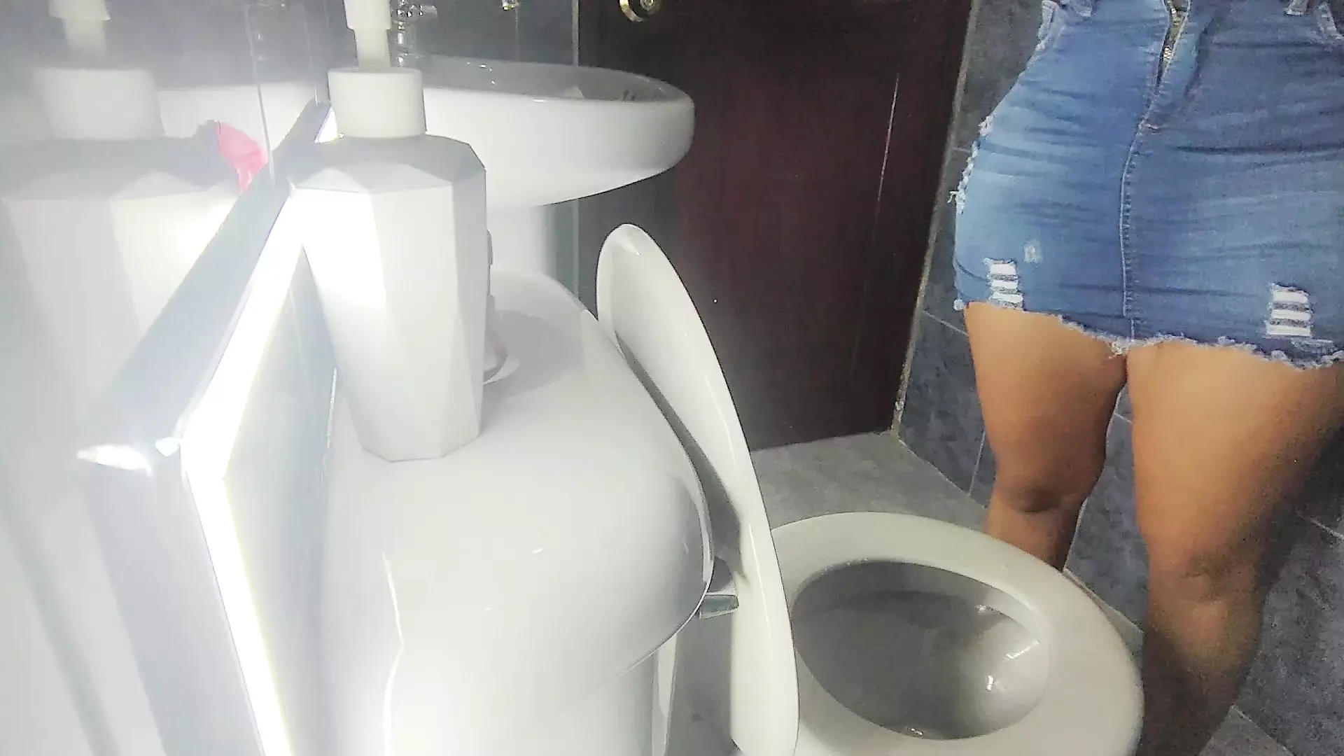 Stepsister Trapped in Public Toilet with Skirt and Sheer