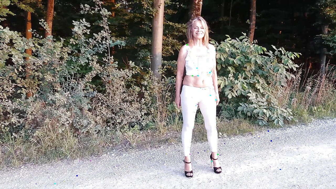 Mature Woman in White Leggings Outside!