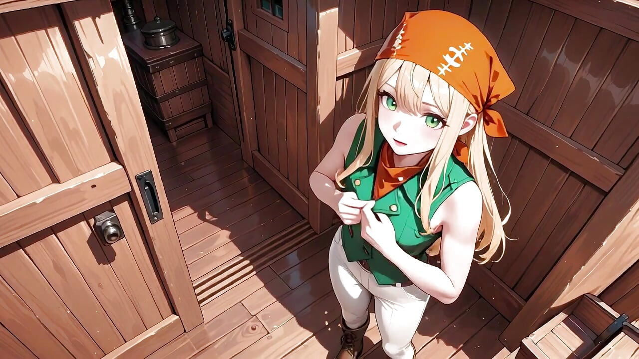Blonde Pirate Captain! Green Uniform & Rough Ropes on a Sunny Deck. Languid Poses, Long Legs Exposed, and That Teasing Gaze