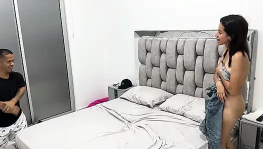 Muscular Latin man with huge cock penetrates Latin girl's pussy tightly until he cums inside her.