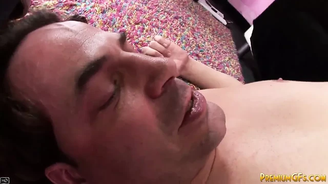 Femdom babe jerks off and slaps mature dick