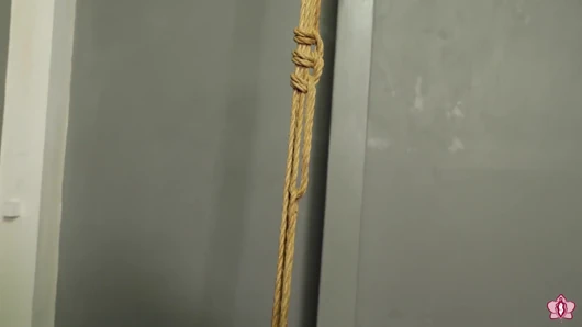 Slave Mila Endures Multiple Orgasms with Legs Bound Open in Half Bondage Suspension