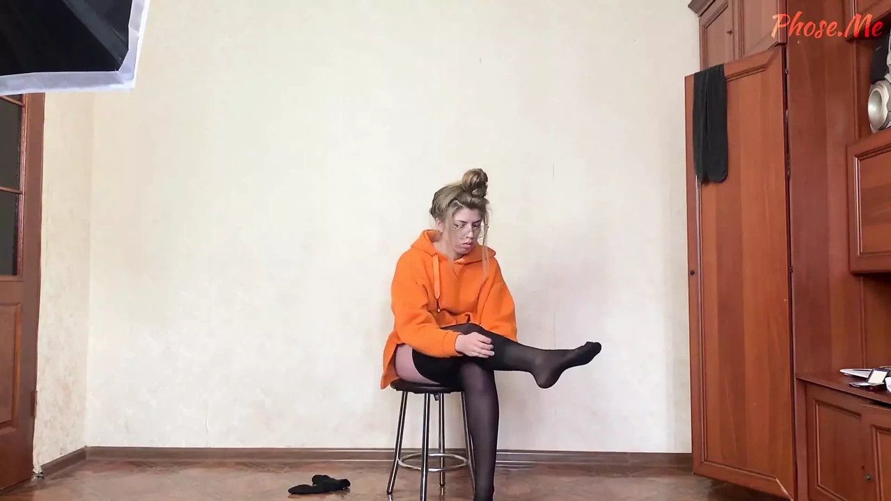 Amy Putting on Black Pantyhose Getting Ready with Hoodie on
