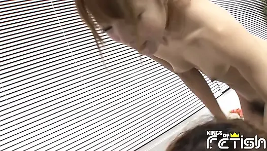 Horny Japanese girl plays with her lover cock in the bathroom and have intense sex