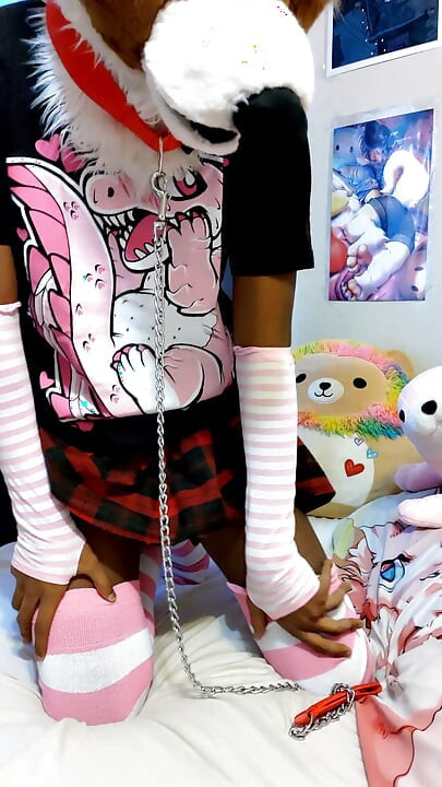 Sissy femboy slut in fursuit shows you his tight ass and chastity cage