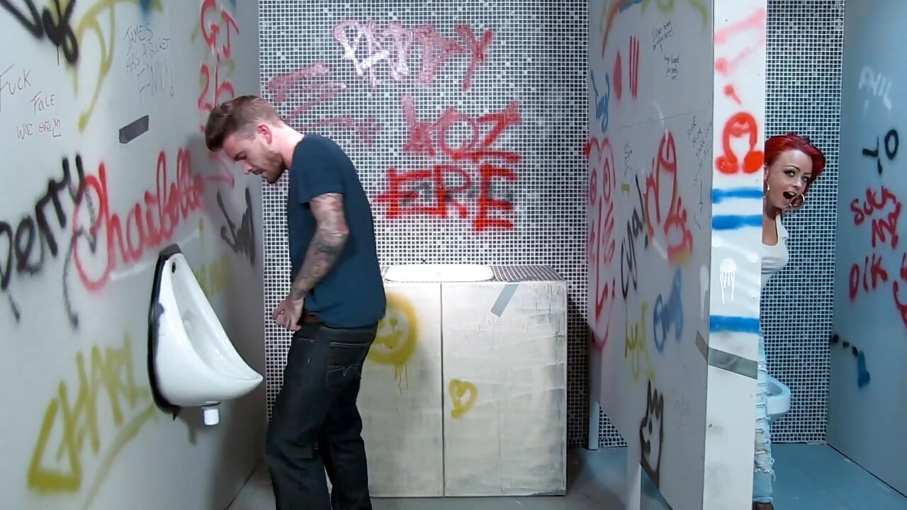 Busty redhead babe gets pounded hard by his big cock in the bathroom