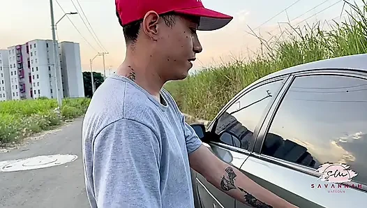 The gorgeous Savannah Watson having sex in a car outdoors with a fan