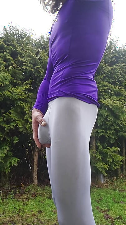 Skinny boy in tight white Leggings shows his big bulge to stranger. Nice precum from big dick