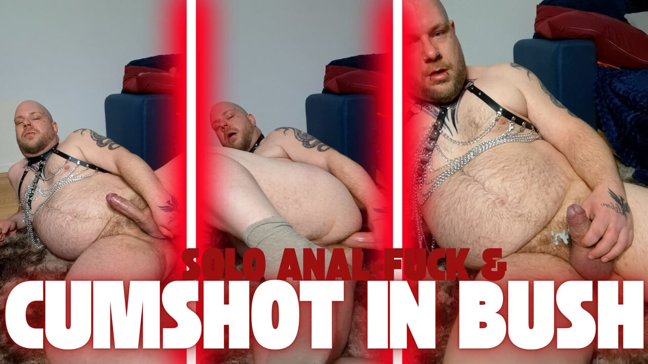 Wearing chainmail, a penis ring, a thick bush of pubic hair, and large balls, the bear-sow Cri33Y fucks herself until she cums.