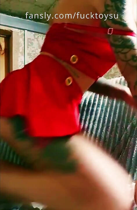 Sexy camgirl in red lingerie solo show with big fake tits, fingering and dildo play