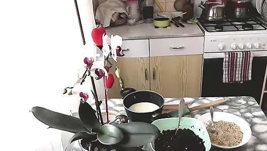 Two girls Old adult mature MILF and young girl virgin in sexy T shirt without panties bra in kitchen kissing. Lesbians Nudists