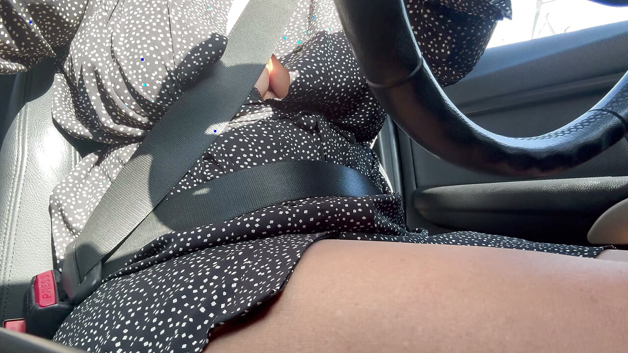 In the morning on the way to the office, a sexy stepmom touches her big tits and rubs her wet pussy.