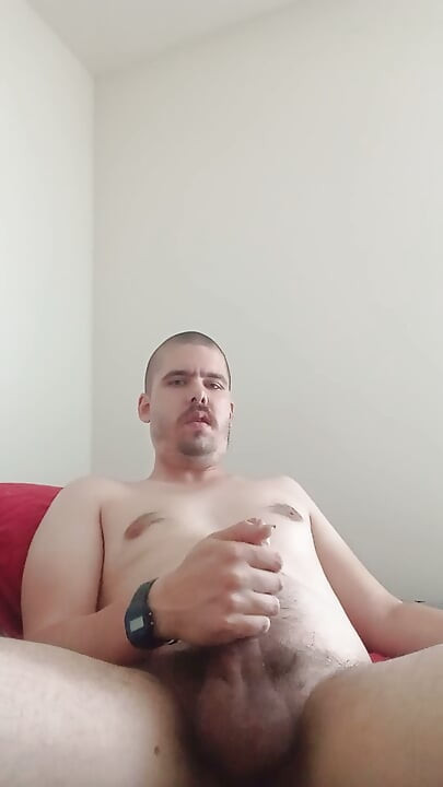 White American Man Masturbating his Uncut Cock
