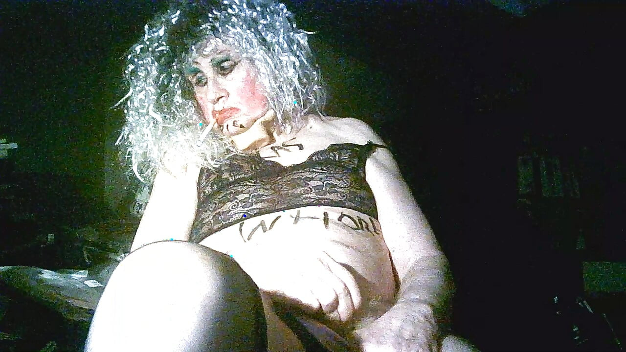 Hopeless old sissy slag Sarah's  degradation, smokes, fucks her filthy hole with a big black dildo wanks her sissy clit her clit