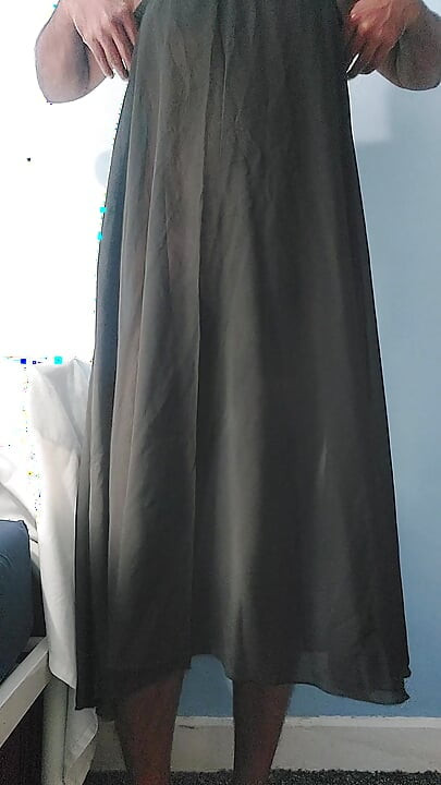 I'm masterbating and cum wearing a Silk Seethrough black skirt