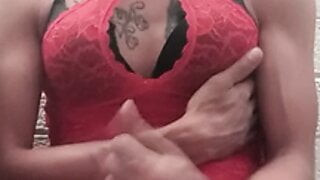 Cross dresser jacking off in red lingerie