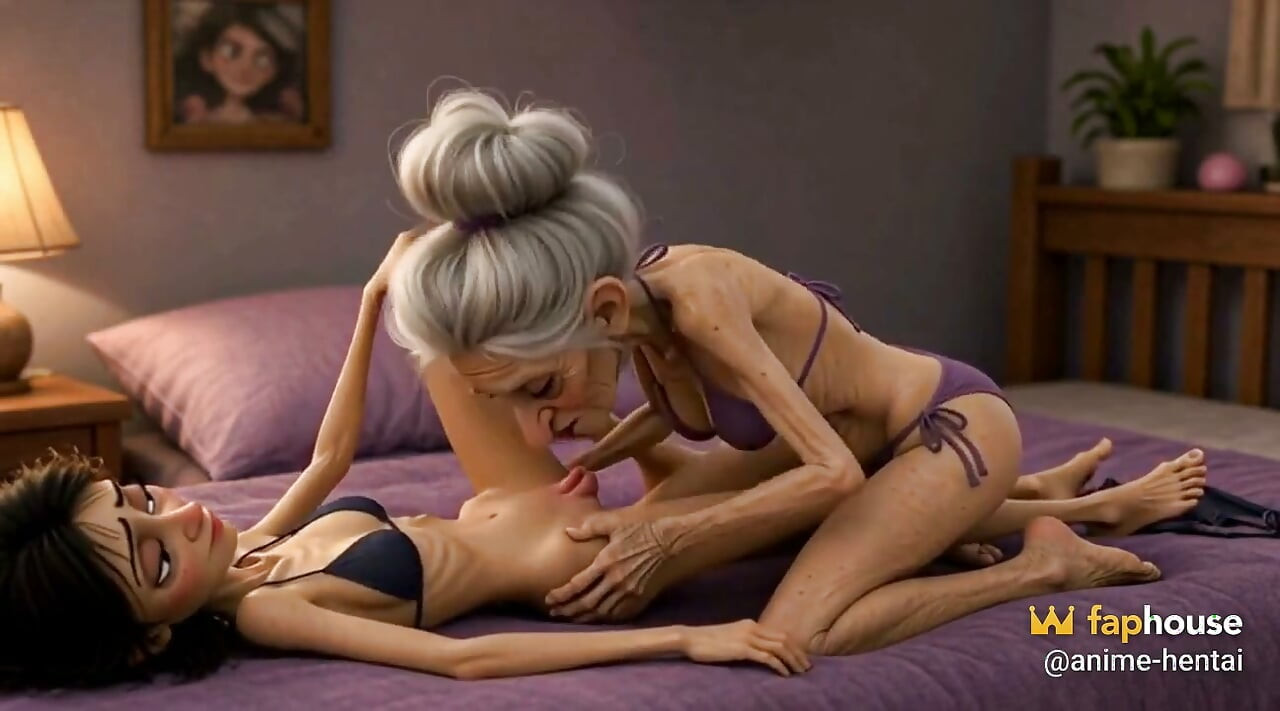 Extremely Skinny Old Woman Licks a Skinny Young Woman's Pussy