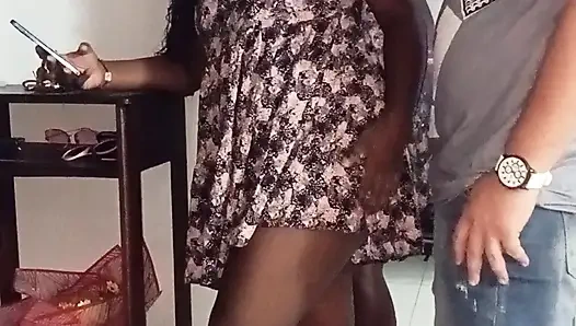 My neighbor welcomes me in a mini dress