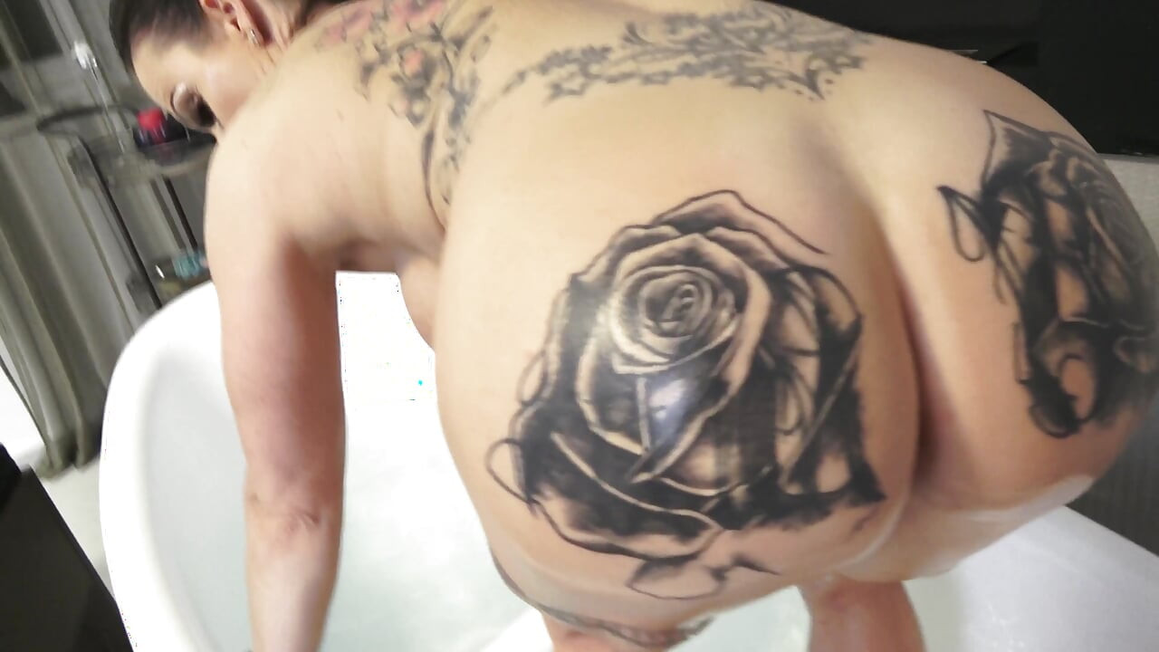 Tattooed Brunette Babe Sucks and Fucks Big Cock