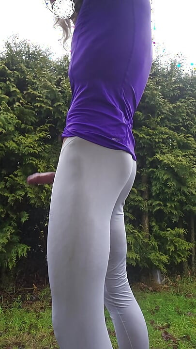Skinny boy in tight white Leggings shows his big bulge to stranger. Nice precum from big dick