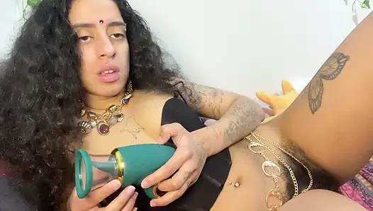 Hairy goddess having orgasm with clit sucker
