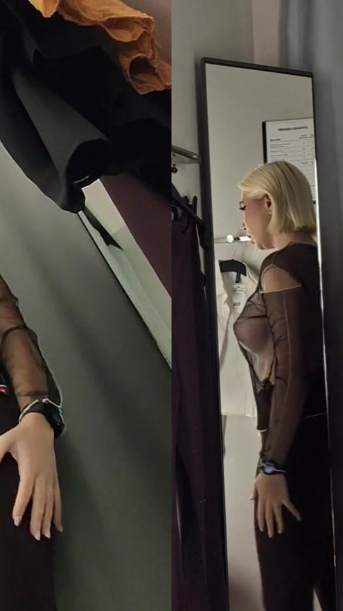Blonde with Huge Tits Trying on Clothes in Mall. Milf Without Panties in Fitting Room | Clip 3