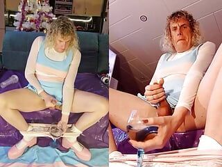Tgirl Anna Cums with Fleshlight and Masturbator in a Glass and Swallows Everything