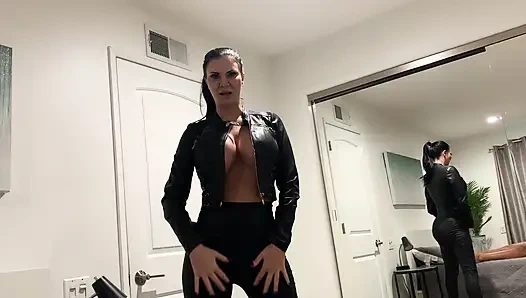 Brit Baddie in Leather Rims Stud & Jerks His Cumshot Into Her Pussy