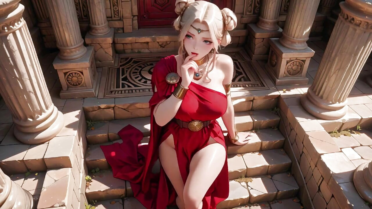 Blonde Goddess in Red! Forbidden Gaze in the Ancient Corridor, Deep V & High Slit teasing you.