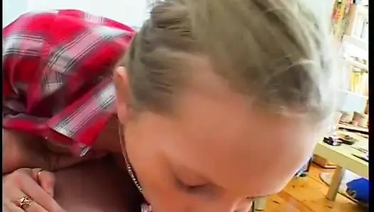 Casting blonde sweetie wearing high heels while sucking and jerking cock