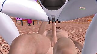 Ein animiertes porno-video eines schönen robotermädchens, das den schwanz eines mannes in reverse-cowgirl-position überfällt.