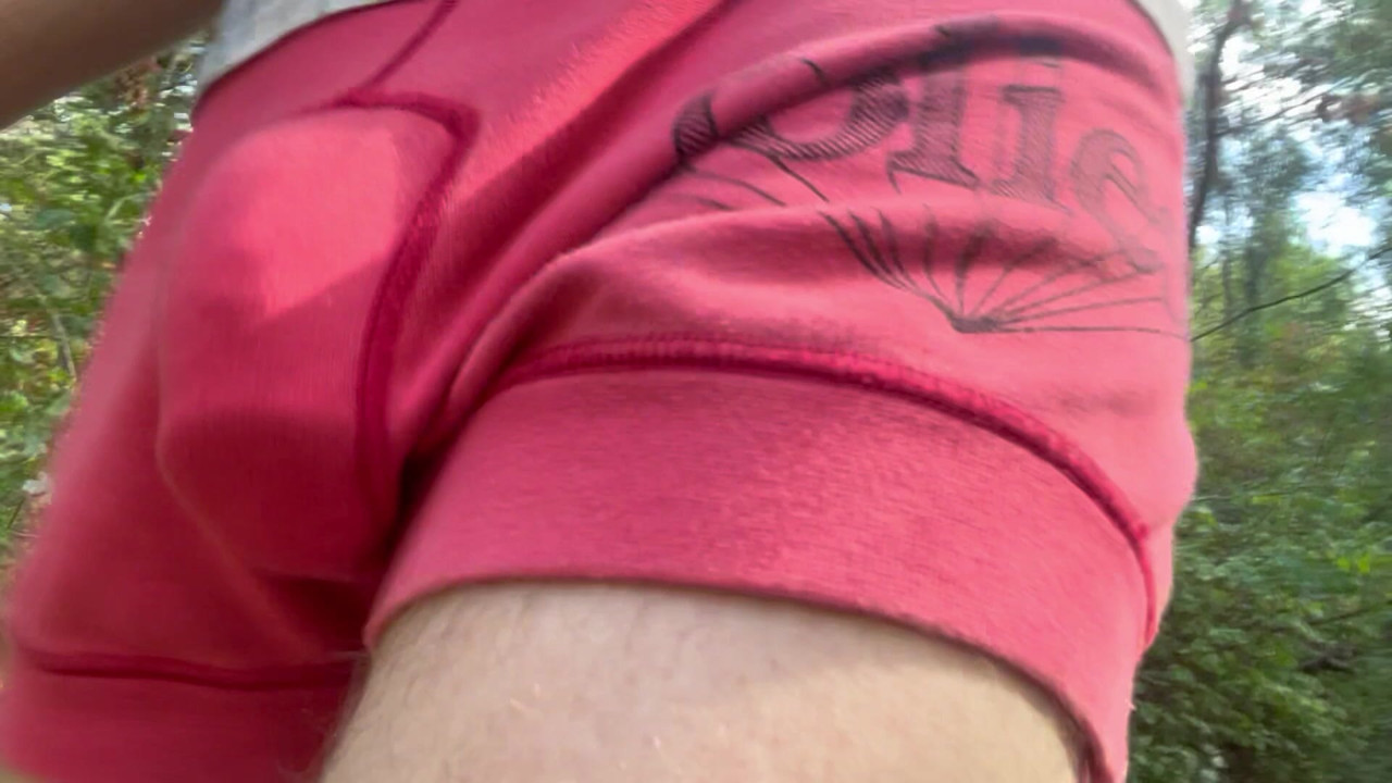 Cute public forest bulge walk, looking for cruising pals in my shorts.