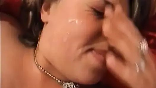 A chubby German chick getting her face covered with cum in POV