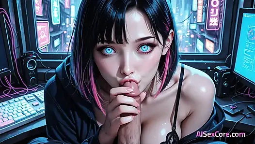 Beauty strips on stream then takes a thick cock deep as neon screens show her body shaking in pleasure