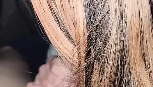 Cute babe gives my huge dick a hot blowjob in the car
