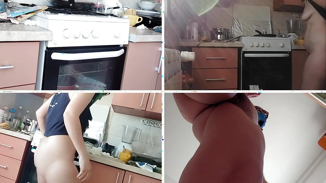 Une femme nue sexy prépare de la nourriture dans la cuisine.