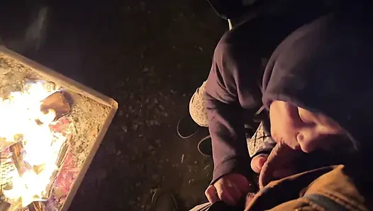 Wife caught masturbating in public restroom, then fucked by the campfire