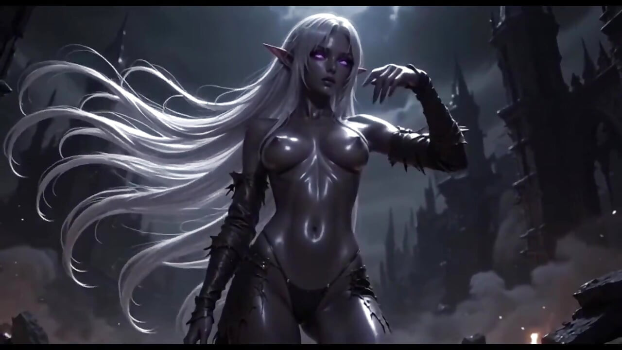 Black Gothic Dark Elf - Pale Hair Beauty Squeezing & Posing Explicitly