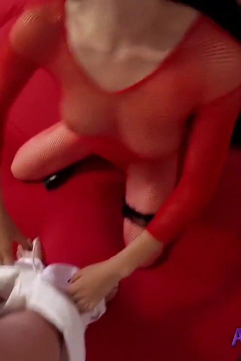 Sexy girl in fishnet bodystocking blows hard