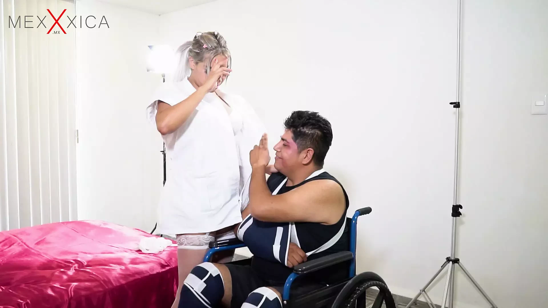 The nurse with big tits rides one of her patients