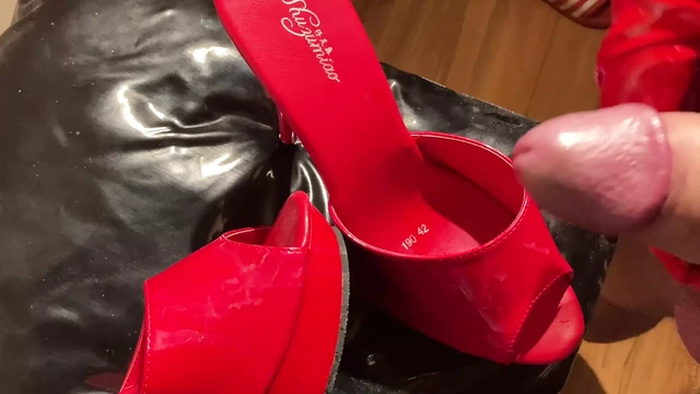 Cum on Red High Heel Mules 1