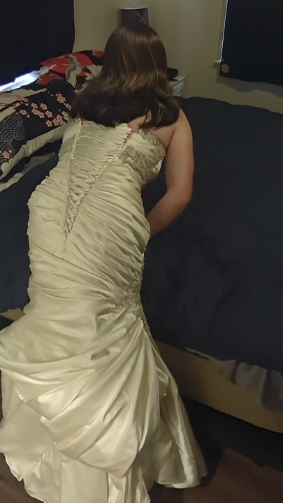 Trying on my very first mermaid style satin wedding gown | Clip 1