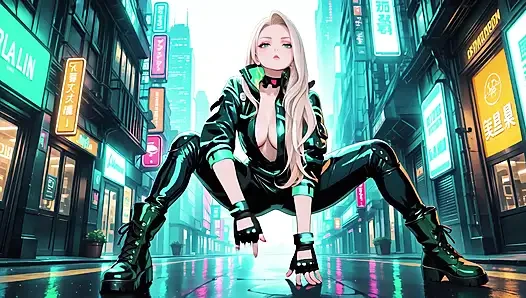 Neonregen-nacht! Blonde Agentin in nassem leder kauern niedrig, holografie, glow & cold glances.