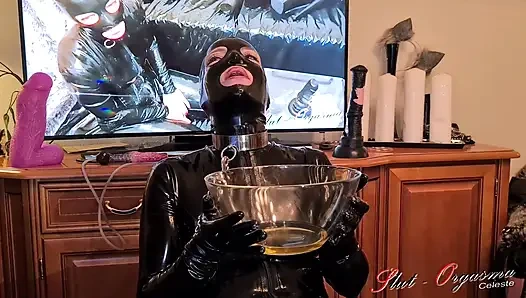 Slut-Orgasma Celeste Full Latex Sloppy Deep Throat Training, Pissing Piss Drinking and Squirting