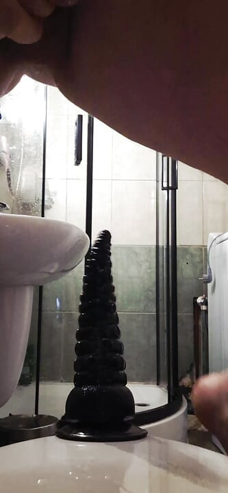 Husband sits on mknster and cums with his huge cock