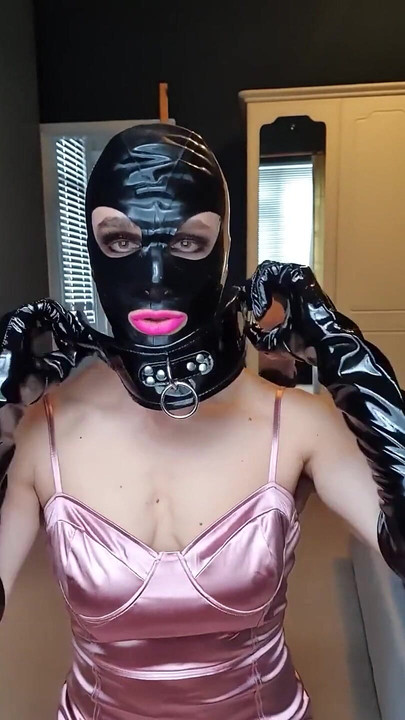 Dildo sucking in my long black pvc gloves, latex hood
